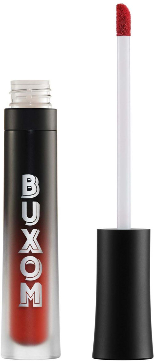 A lip gloss with a red tinted sponge applicator next to a black tube labeled "BUXOM."