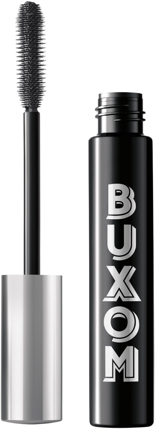 A black mascara tube with white letters spelling 'BOXOM' and a wand applicator.