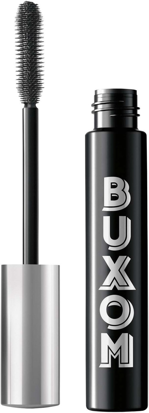 En svart mascara rör med silverlock och en mascara borste bredvid.