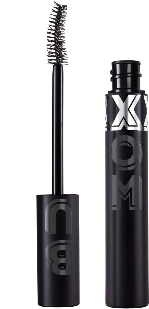 A black mascara tube with a brush applicator and large X and O symbols on the bottle.