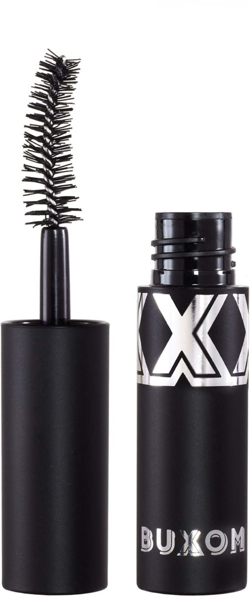 A black mascara tube with a brush applicator showing. The tube has white writing and designs on it.