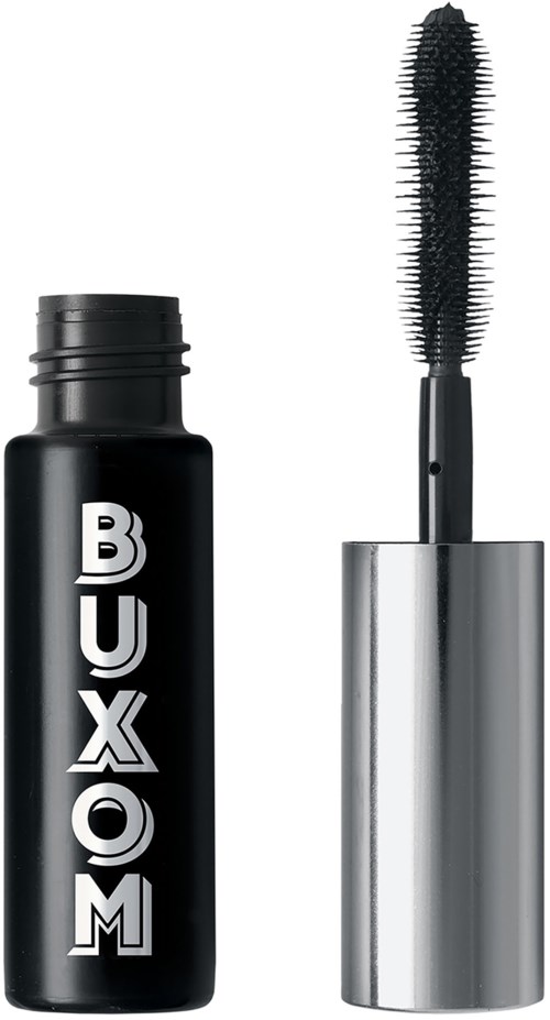 A black mascara bottle with a silver cap and a mascara brush next to it.