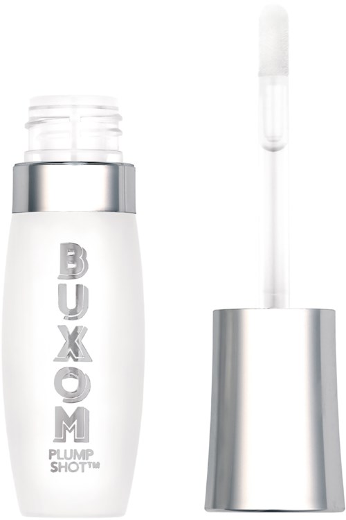 En vit flaska med silvrig topp och en lång dropper, märkt 'BUXOM PLUMP SHOT'.