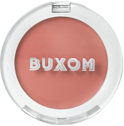 A round blush container with the brand name 'BUXOM' in white on pink powder.