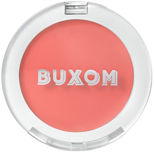 Round blush compact with pink product and the brand name BUXOM in block letters.