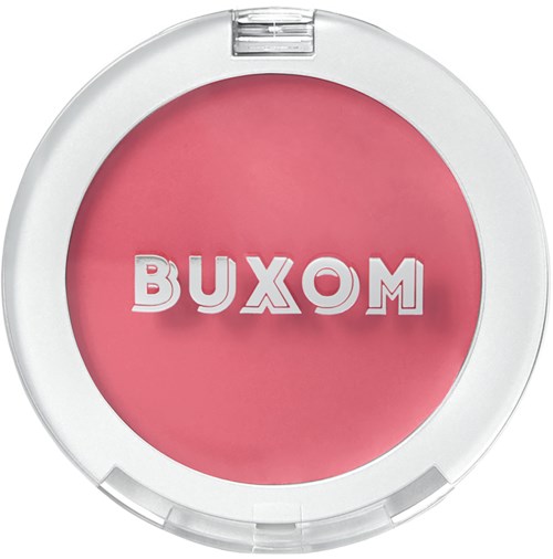 Pink blush in a round container with a white frame, showing the brand name 'BUXOM' in bold letters.