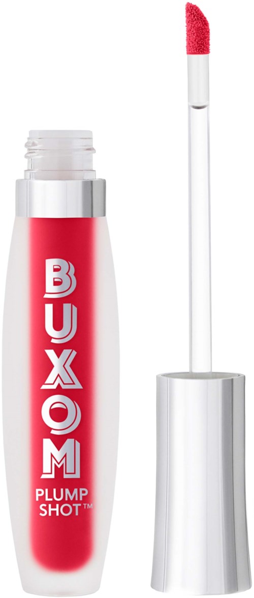Buxom Plump Shot lip gloss with a white wand, red color, and glossy finish.