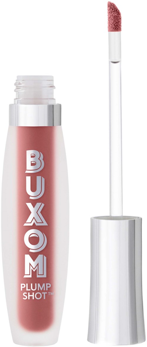 Lip gloss tube with a white cap and a pink-colored gloss inside. The applicator wand is shown next to the tube.