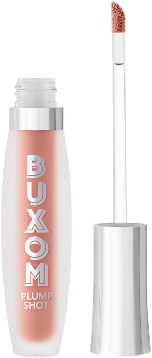 A lip gloss tube labeled 'Buxom Plump Shot' with an open cap and applicator stick showing.