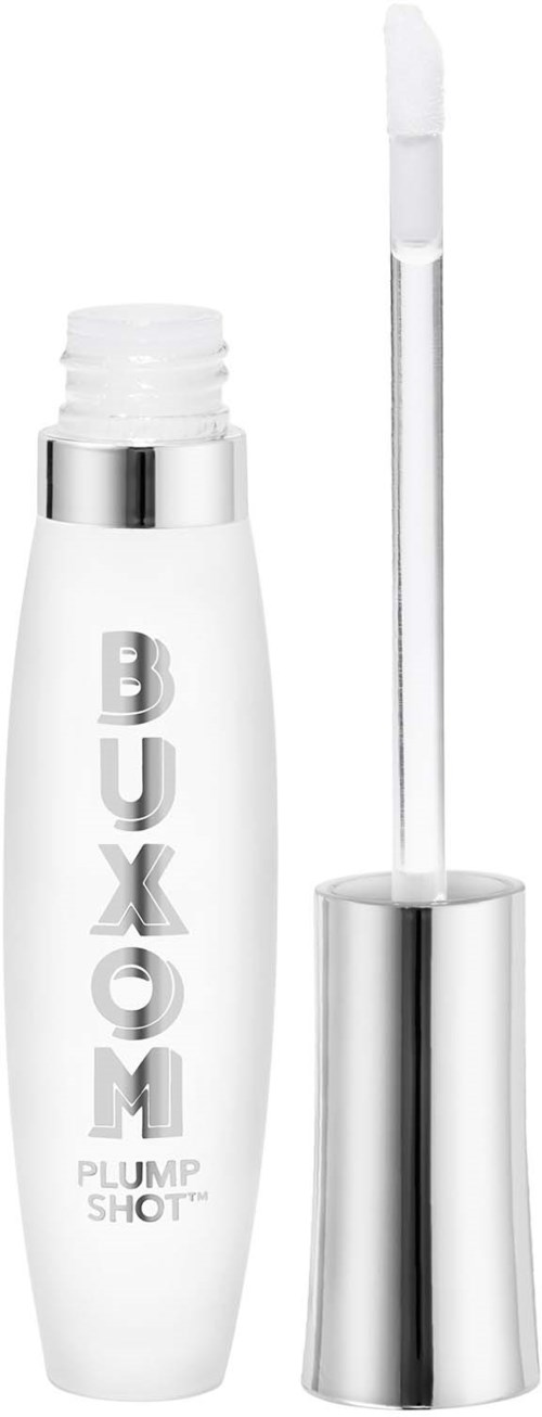 A white bottle labeled 'BUXOM PLUMP SHOT' with a silver cap. The cap has a dropper attached.