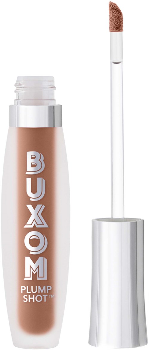 A beige bottle with a white cap and an applicator stick with brown lipstick. The bottle has the name 'BUXOM' and 'PLUMP SHOT'.