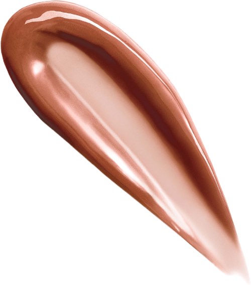A shiny, smooth smear of light brown and beige makeup product on a white background.
