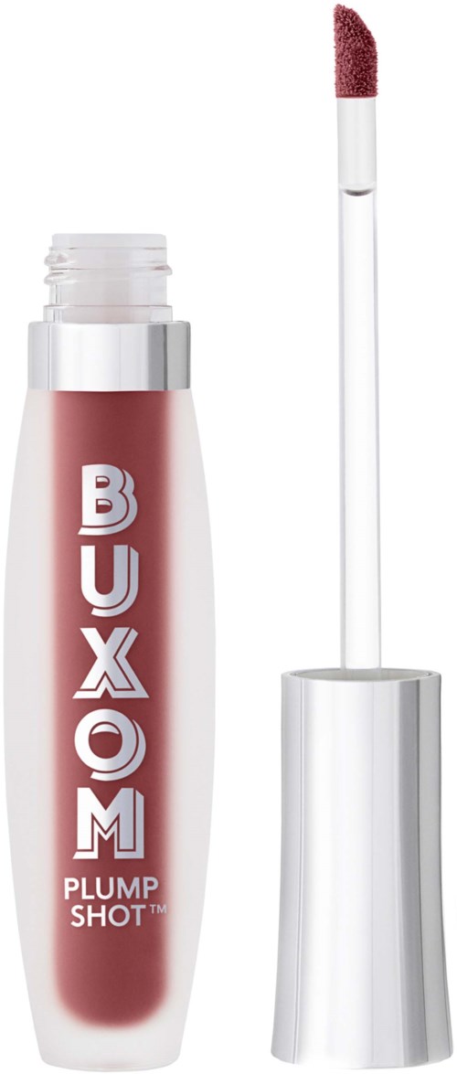 Lip gloss tube with a brush applicator, labeled 'BUXOM PLUMP SHOT'.