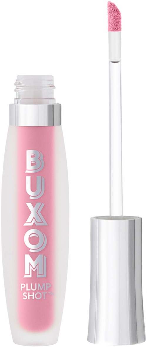 A pink Buxom Plump Shot lip gloss with the applicator stick visible.
