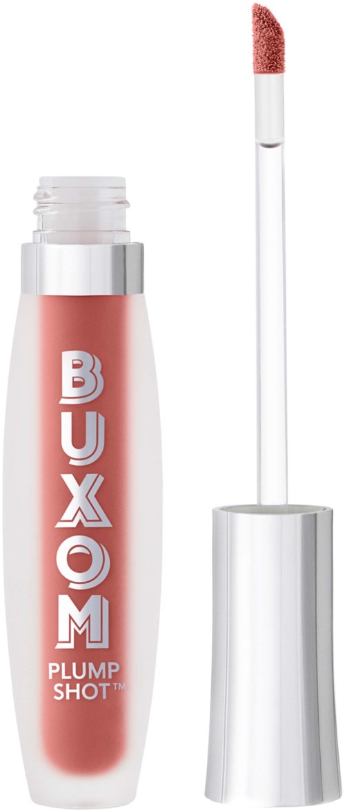 Lip gloss container with brush applicator, labeled 'BUXOM PLUMP SHOT'.