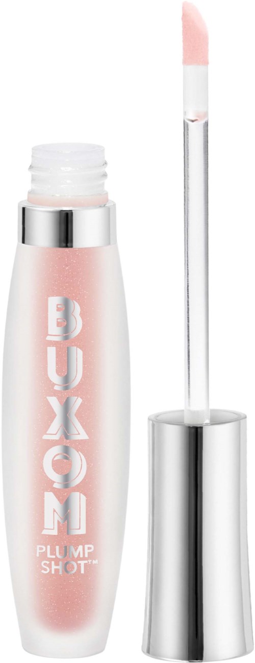 A pink lip gloss with a silver cap and a clear applicator stick inside.