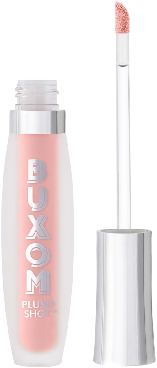 Lip gloss bottle with a white cap and an applicator showing pink gloss.
