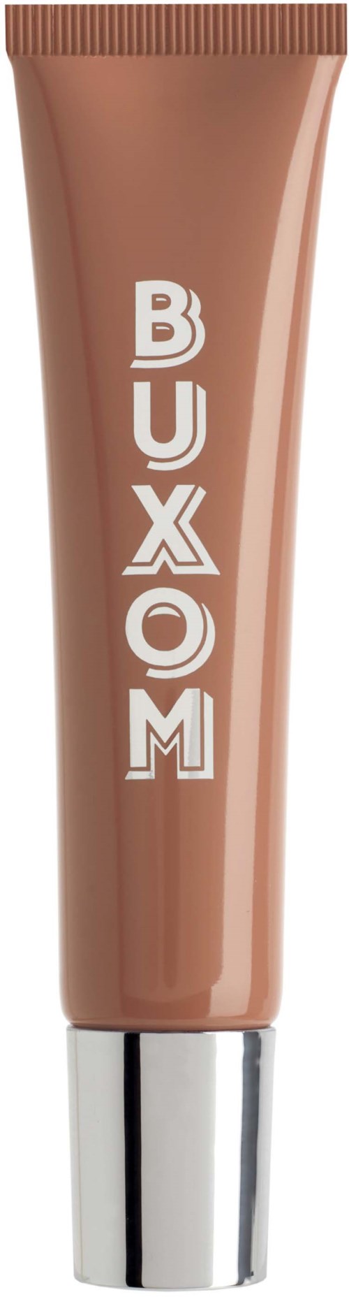 A tube with the word BUXOM written in large white letters, likely a cosmetic or skincare product.