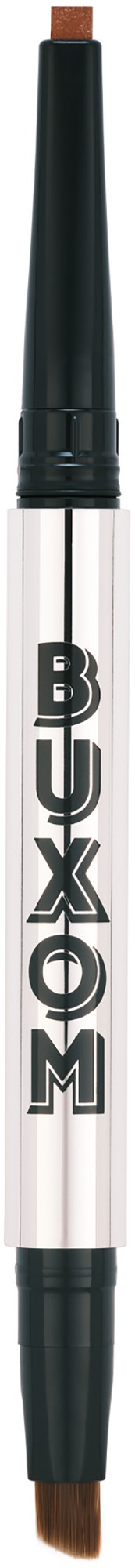 A double-ended makeup brow pencil with a brown pencil on top and a spoolie brush on the bottom.