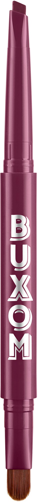 A pink cosmetic brush with the word "BUXOM" written on it vertically.