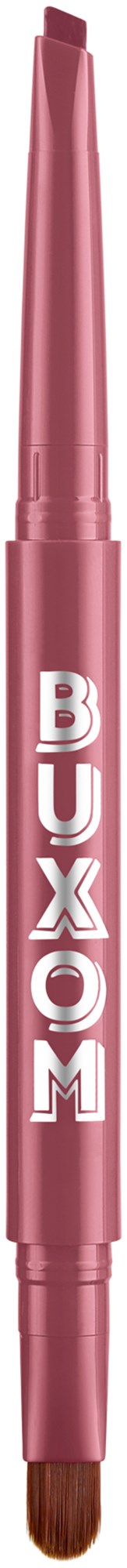 A pink makeup brush with the word "BUXOM" written vertically on it.