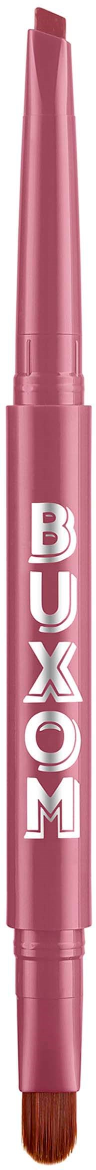 Rosa ögonpenna med en brun borste på ena änden och ordet BUXOM skrivet vertikalt.