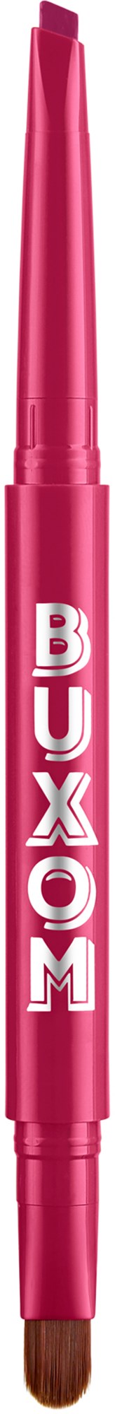 A pink makeup brush with the word 'BUXOM' written on it.
