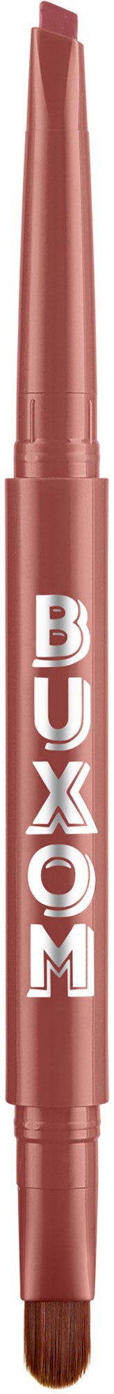 A makeup brush with a pink handle and the word 'BUXOM' written on it in white letters.