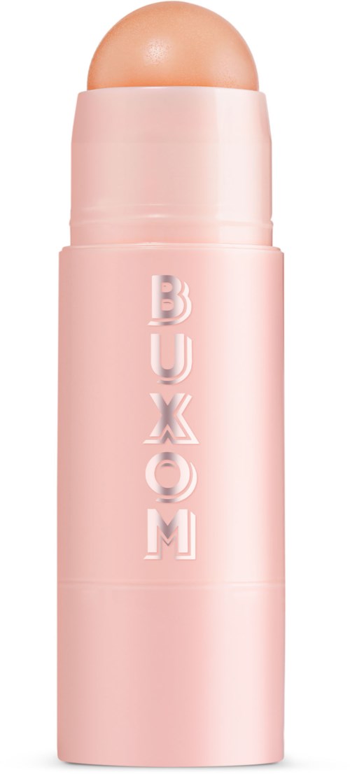 Vaaleanpunainen huulipuna, jossa pyöreä yläosa ja merkki "BUXOM" sivulla.