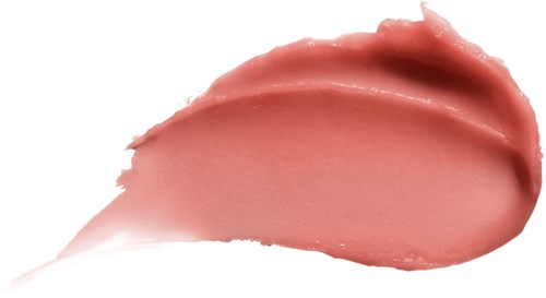 A smear of pink lipstick across a white background, showing texture and shine.
