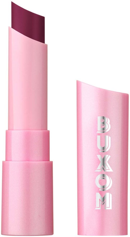 Pink lipstick with a purple shade visible at the top, with a pink case labeled 'BUXOM'.