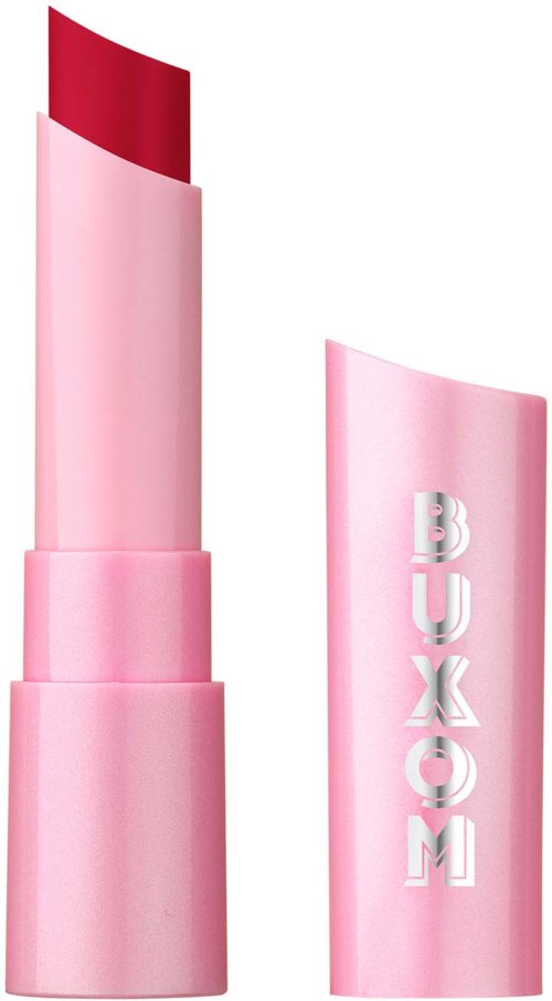 A pink lipstick tube with the word 'BUMOX' on the cap, the lipstick is red and the tube is partially open.