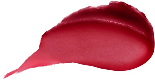 A smear of red lipstick on a white background, showing glossy texture and curved shape.