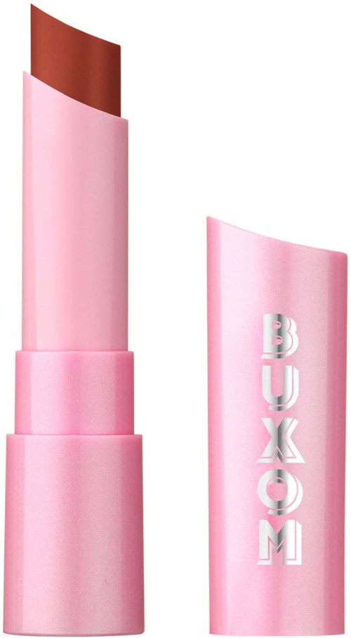 A brown lipstick is in a pink case with the word "BOXOM" on the cap.