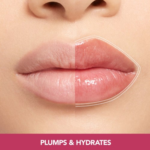 Close-up of lips showing smooth, hydrated skin with a slight shine. The background is neutral.