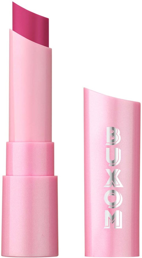 A pink lipstick with a container labeled "BOXOM" and the lipstick is twisted up showing a dark pink color.