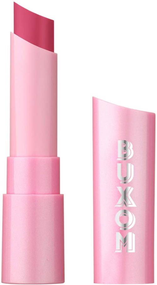 Pink lipstick with a cap that has the brand name 'BUXOM' in silver letters.
