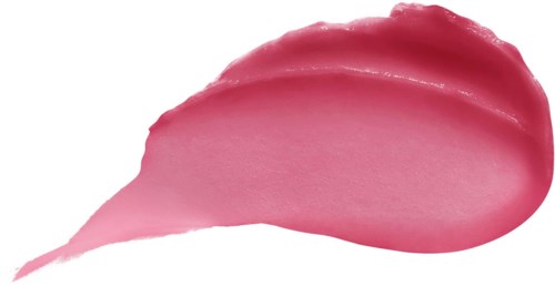 Pink lipstick smear on white background, curved shape, shiny and smooth texture.