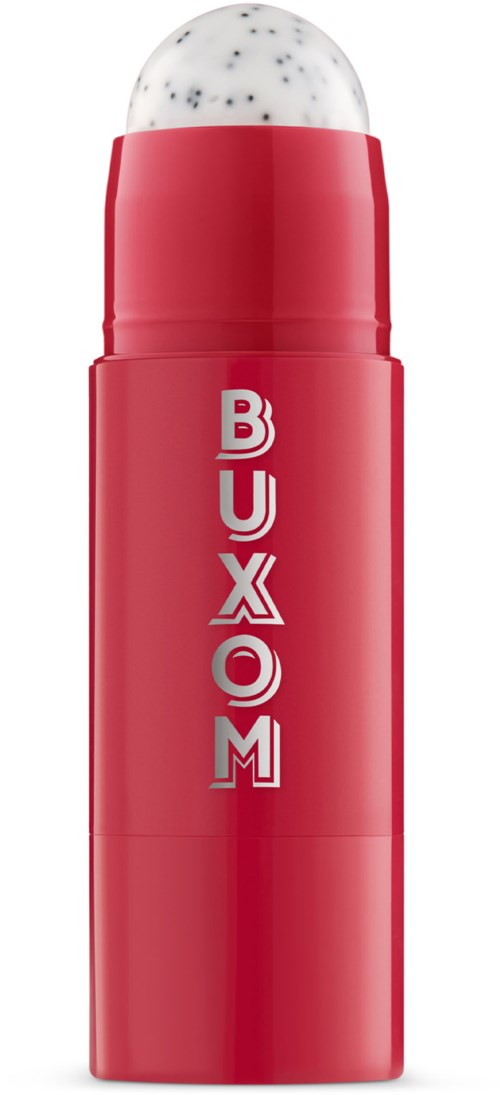A red lip balm tube with white text and a clear, speckled top.