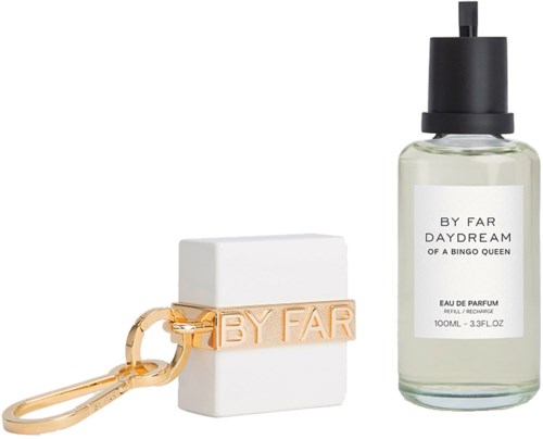 A perfume bottle with a black dropper cap, a white box with a gold keychain attached, and a perfume keychain.