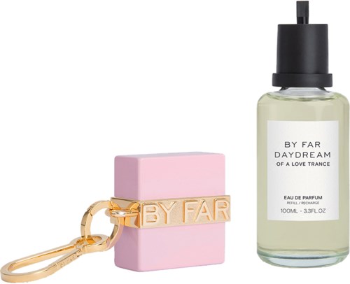 A keychain with the words 'BY FAR' attached to a pink block and a perfume bottle labeled 'BY FAR DAYDREAM'.