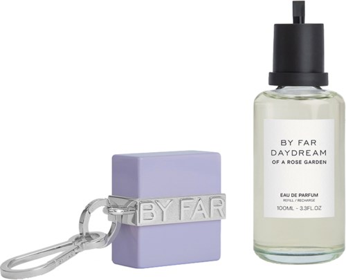 A perfume bottle, a purple soap bar, and a keychain with "BY FAR" name on it.