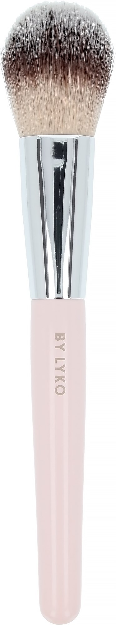 A makeup brush with a light pink handle and fluffy white-tipped bristles.