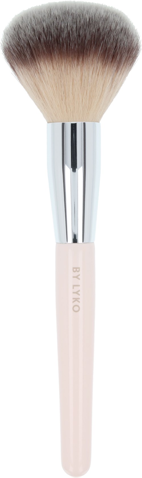 A makeup brush with a white handle, silver metal part, and fluffy brown and cream bristles.