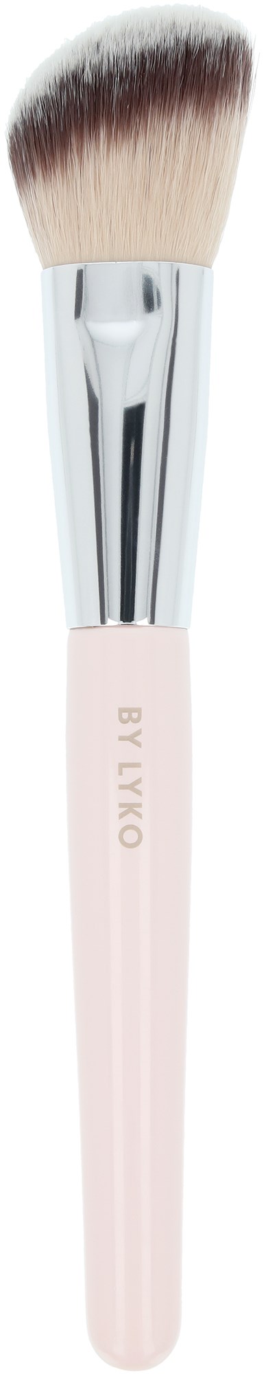 A makeup brush with a white handle, silver ferrule, and soft bristles with darker tips.