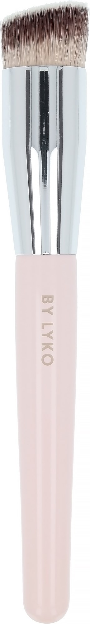 A makeup brush with a pink handle and silver ferrule, soft bristles at the top. BY TAYO written on handle.