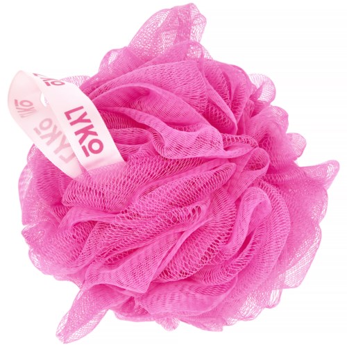 Ein pinkes Duschschwamm mit einem weißen Etikett. Es sieht weich und flauschig aus, verwendet zum Reinigen der Haut in der Dusche.