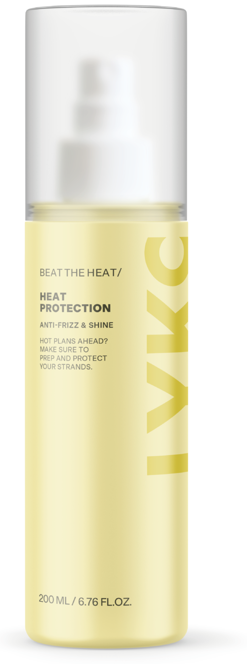 A yellow bottle with a white pump and clear cap, labeled 'Pack' and 'Heat Protection'.