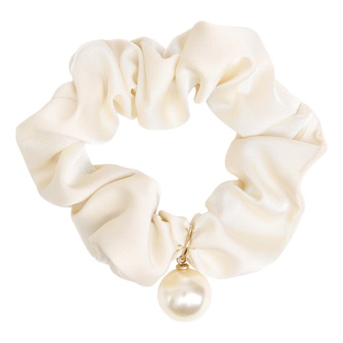 A white fabric scrunchie with a large pearl hanging from it.
