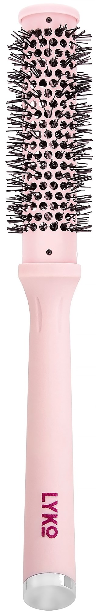 Een roze ronde haarborstel met zwarte borstelharen, bedoeld voor het stylen van haar.